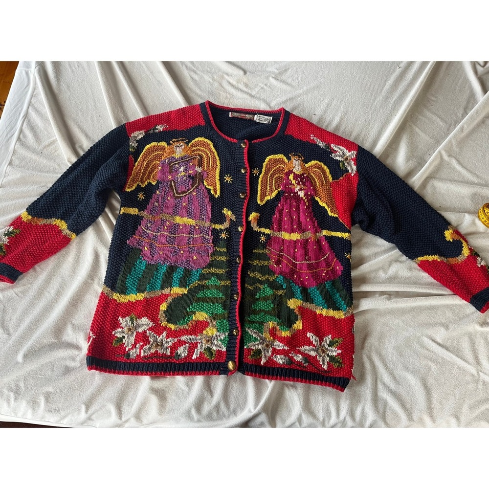 Vintage Grandmacore Knitted Angel Christmas Sweater Cardigan Women's Size L